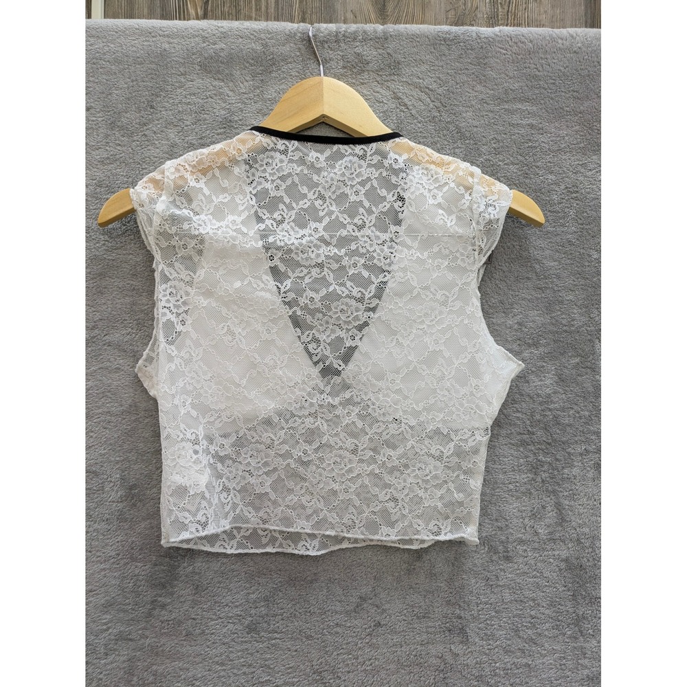 Coquette Lace Tie Front Vest Womens Medium White Black Trim Sheer Crop Top - Picture 4 of 7
